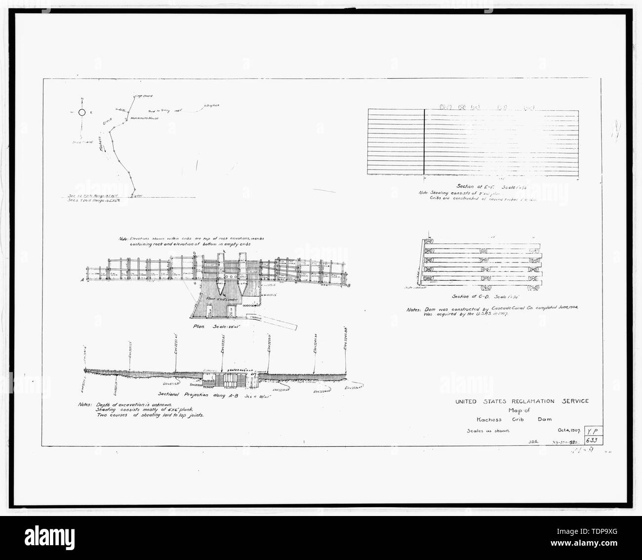 Photocopie de plan de construction, de remise en état des États-Unis, 4 octobre 1907 (tirage original situé au U.S. Bureau of Reclamation La Colombie-Britannique Bureau de zone, Yakima (Washington). Plan de KACHESS LIT-BÉBÉ - Barrage Barrage Kachess, 1904 Cascade Canal Company lit-bébé, Barrage, rivière Kachess 1,5 milles au nord de l'Interstate 90 , Easton, comté de Kittitas, WA Banque D'Images