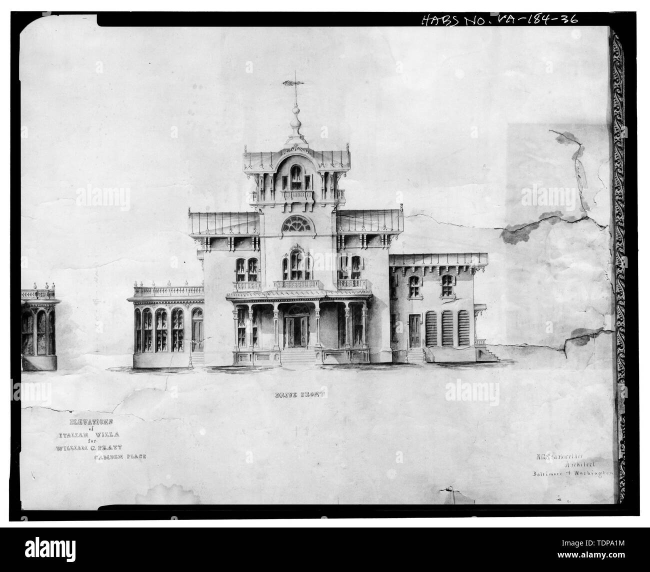 Photocopie de détail de l'encre et le rendu de lavage par N. G. Starkwether dans la collection de M. et Mme Richard T. Pratt, élévations de Camden VILLA ITALIENNE POUR WILLIAM C. PRATT - CAMDEN PLACE - AVANT D'ENTRAÎNEMENT - Camden, rivière Marshalltown, Port Royal, le comté de Caroline, VA ; Starkwether, N G Banque D'Images