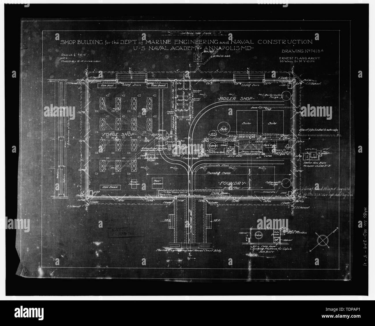 Photocopie de dessin (à partir de la Ministère de la Marine, Travaux publics Archives, Annapolis MD) Ernest Flagg, Architecte, date inconnue FLOOR PLAN - U.S. Naval Academy, Isherwood Shop, Annapolis, comté d'Anne Arundel, MD ; Flagg, Ernest ; Isherwood, Benjamin Franklin ; Noel ; entreprise de construction et de haricots Haricots Stehle, ; Inconnu, photographe ; Earle, Lawrence P., historien Banque D'Images