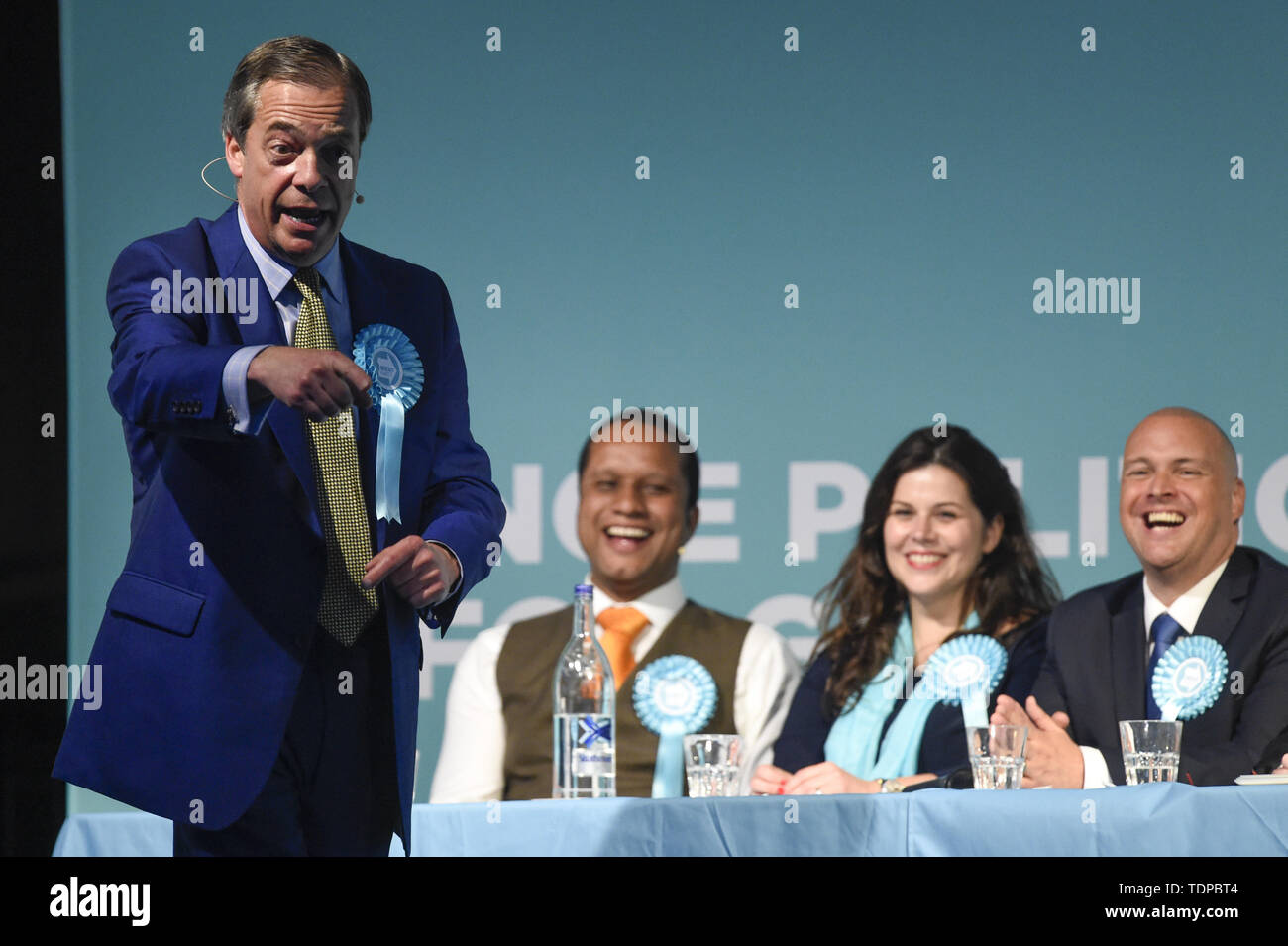 Ex-chef du parti UKIP Nigel Farage assiste à la partie 'Brexit' rassemblement à Edinburgh's Corn Exchange. Avec : Nigel Farage Où : Édinbourg, Royaume-Uni Quand : 17 mai 2019 Credit : Euan Cherry/WENN Banque D'Images