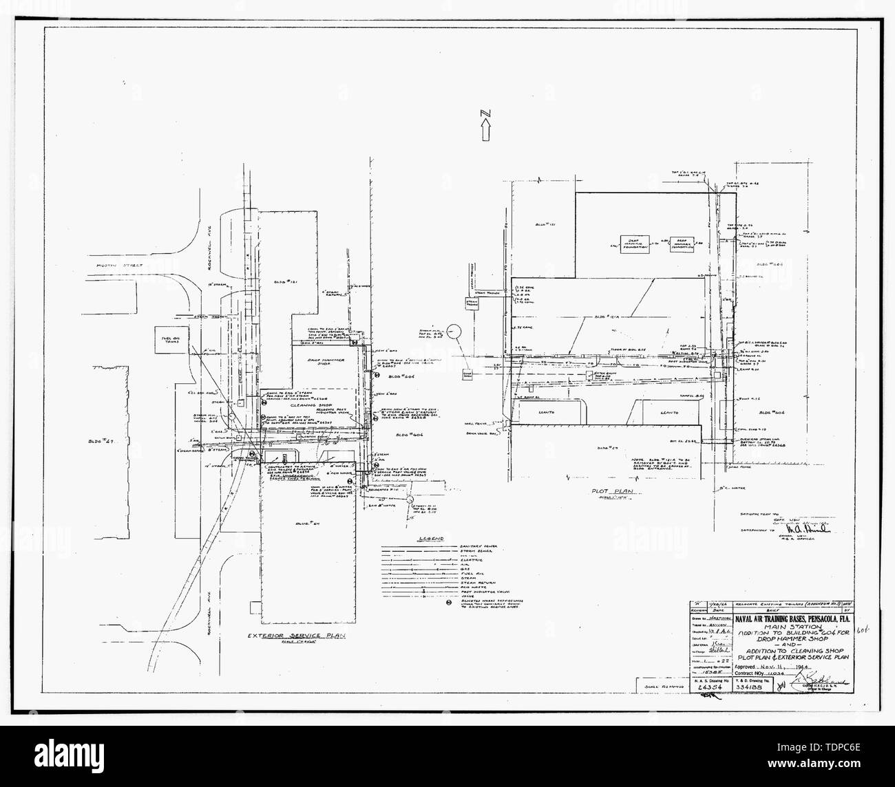 Photocopie de dessin (c'est toujours une 8 x 10 copie d'un négatif 8 x 10 ; 1944 dessin d'architecture d'origine, pour 1944 Plus, situé au bâtiment n° 458, NAS Pensacola, Floride) PLANS POUR PLUS DE BÂTIMENT N° 604 pour le DROP HAMMER SHOP ET PLUS DE L'ATELIER DE NETTOYAGE ET DE L'extérieur, le PLAN DE SERVICE Fiche 1 sur 22. - U.S. Naval Air Station, de réunion et d'un atelier de réparation, East Avenue, Pensacola, FL, Escambia Comté Banque D'Images