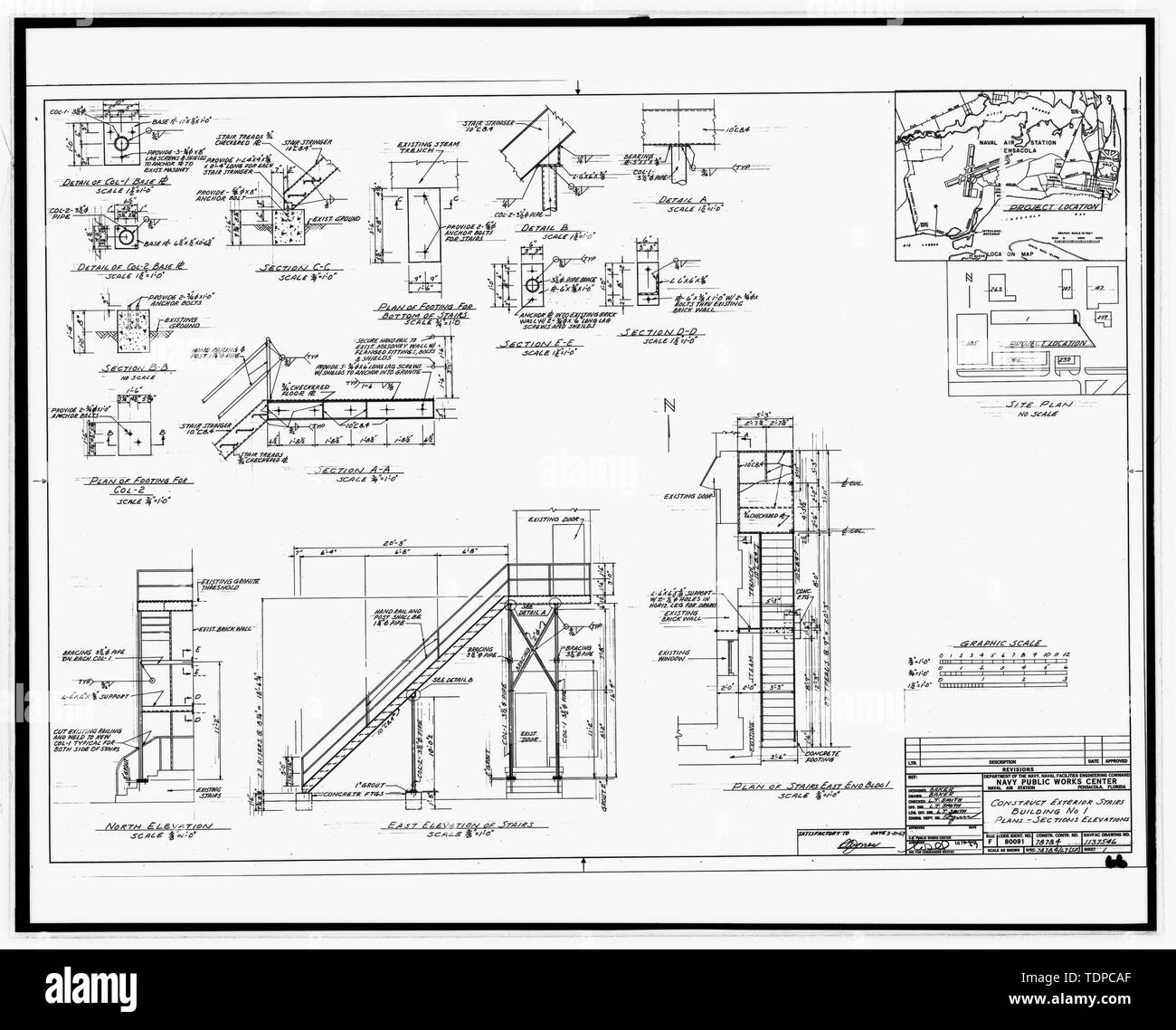 Photocopie de dessin (c'est toujours une 8 x 10 copie d'un négatif 8 x 10 ; 1967 le dessin architectural original situé au bâtiment n° 458, NAS Pensacola, Floride) Construire des escaliers extérieurs, bâtiment N° 1, les plans, coupes et élévations, feuillet no 1 - U.S. Naval Air Station, navire atelier de menuiserie, 368, avenue du Sud, Pensacola Escambia Comté, FL Banque D'Images