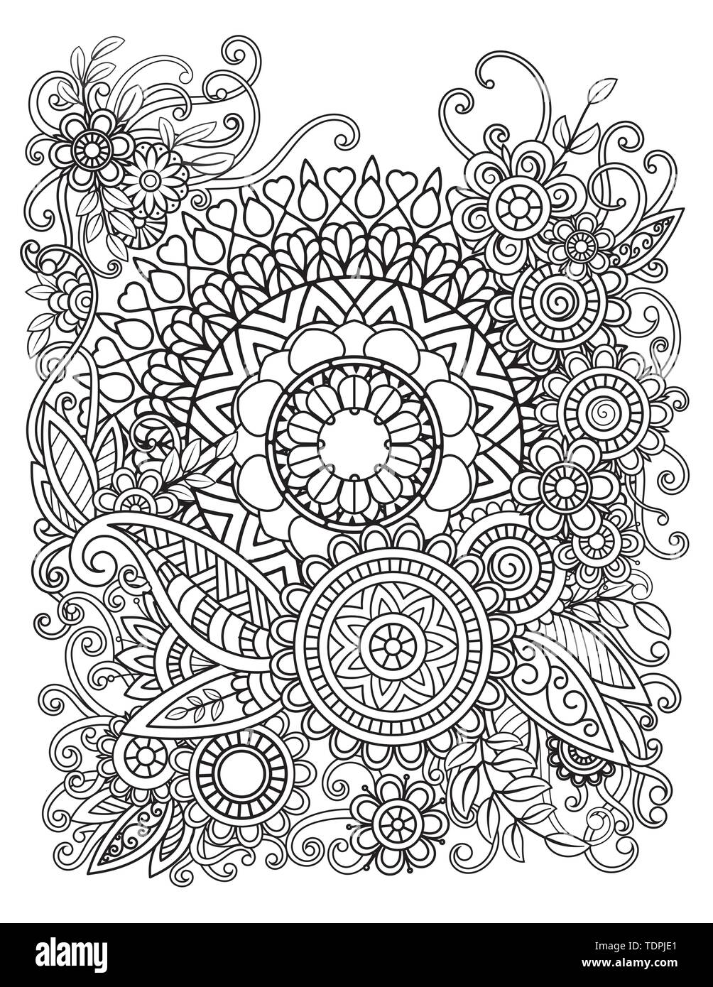 Motif floral mandala en noir et blanc. Livre de coloriage adultes page avec des fleurs et des mandalas. Motif Oriental, affiche des éléments décoratifs. Hand drawn vector illustration Illustration de Vecteur