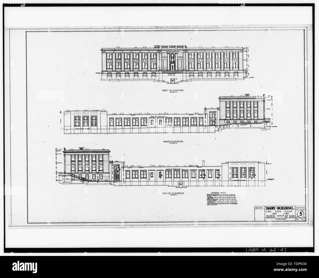 Photographie d'un dessin de construction d'origine, datée d'août 1927, en la possession de l'Office de la planification des installations, de l'Iowa State University, Ames, Iowa. De l'OUEST, DU NORD, DU SUD ET DE L'altitude ; feuillet no 5 de 10 - Bâtiment de l'industrie laitière, de l'Iowa State University Campus, Ames, IA, Story County Banque D'Images