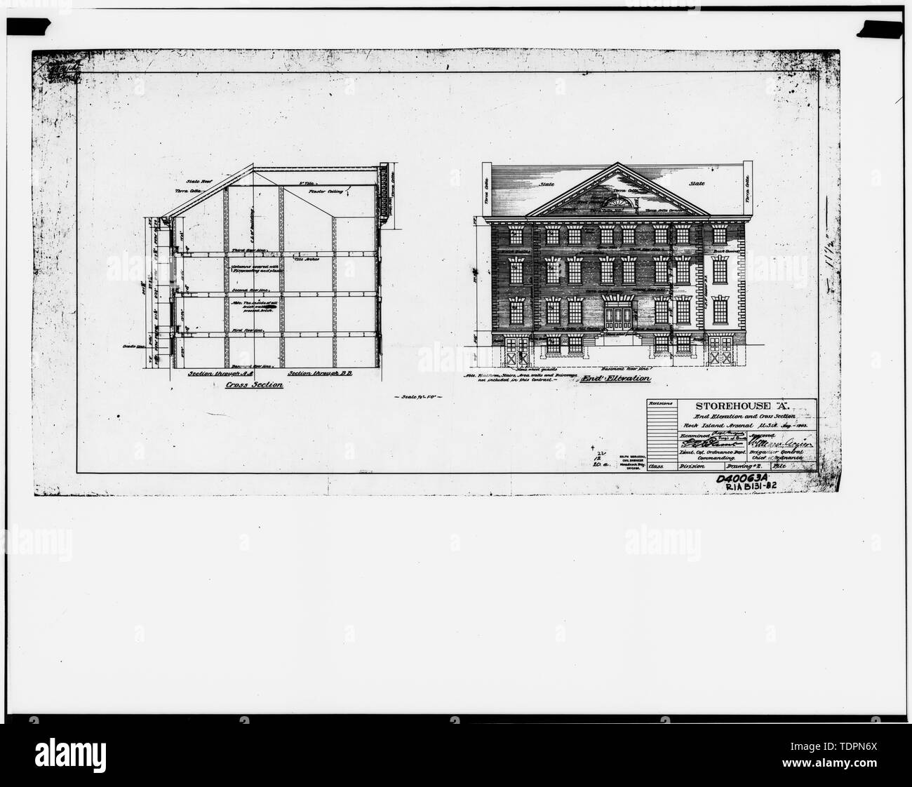 Photographie de dessin en possession des Plans d'Ingénierie et Services Division, Rock Island Arsenal. Fin et d'élévation, 1903. Architecte- RALPH MODJESKI. - Rock Island Arsenal, Bâtiment n° 131, avenue du Sud entre Gillespie Avenue et 2e Rue, Rock Island, Rock Island Comté, IL ; Modjeski, Ralph Banque D'Images