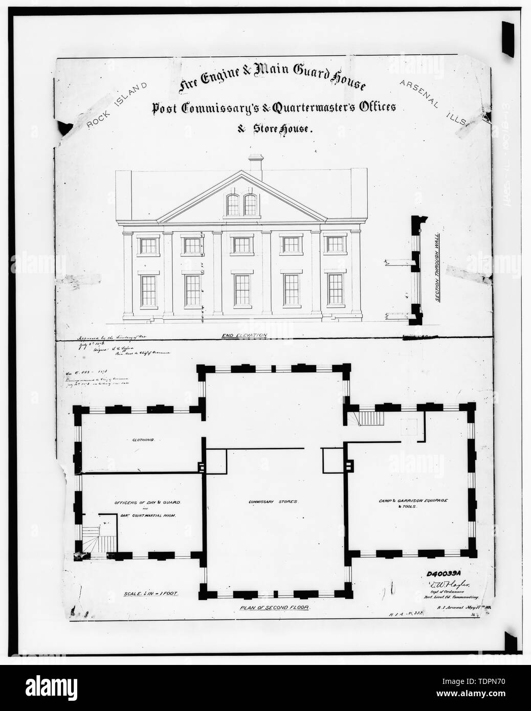 Photographie de dessin en possession des Plans d'Ingénierie et Services Division, Rock Island Arsenal. Fin de l'ÉLÉVATION ET DEUXIÈME ÉTAGE PLAN, 1873. - Rock Island Arsenal, Bâtiment n° 225, avenue Rodman entre rue Flagler Avenue et Gillespie, Rock Island, le comté de Rock Island, IL Banque D'Images