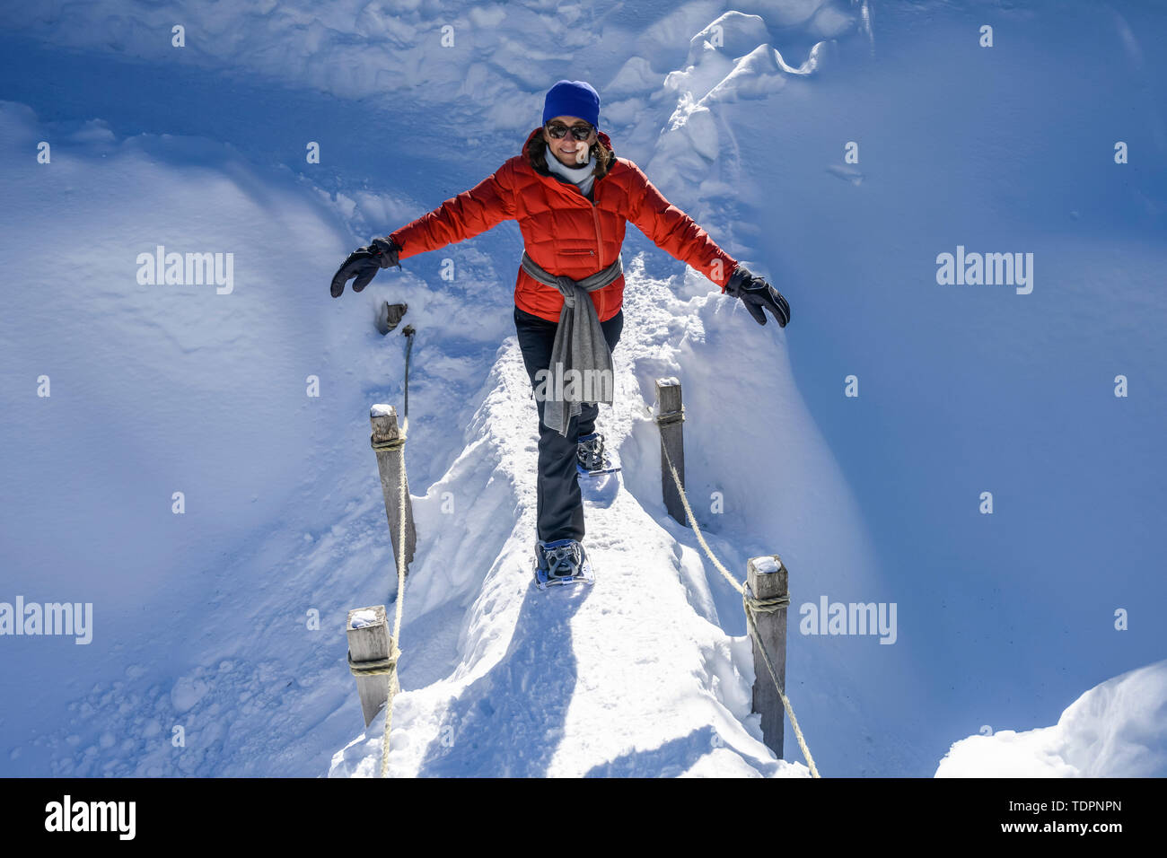Femme en raquettes sur les sentiers de raquettes de montagne chien dans la région de North Vancouver ; Vancouver, Colombie-Britannique, Canada Banque D'Images