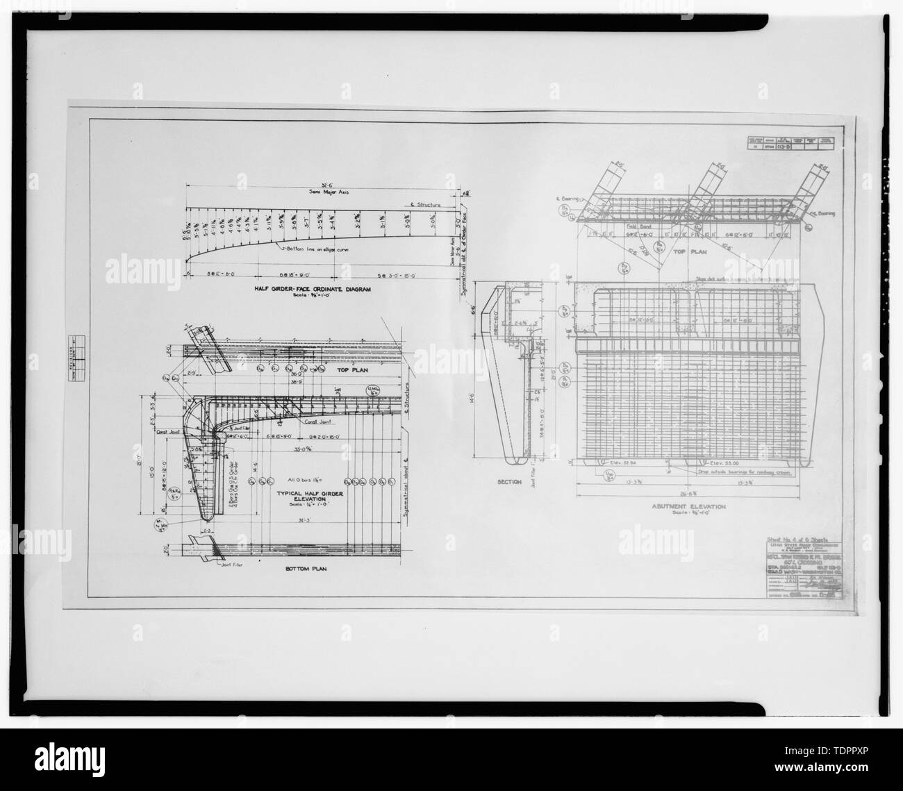 Photocopie de photocopie de dessin, la moitié du pont et du pilier des plans d'élévation (12 juin 1937, dessin original au dossier dans des structures Section, ministère des Transports de l'Utah, Salt Lake City, Utah). Fiche n° 4 de 6 feuilles. - Laver Gould, pont enjambant Gould laver à la State Route 9, l'ouragan, comté de Washington, UT ; Consultants archéologique d'Armoise, entrepreneur, Wegman-French, Lysa, émetteur ; Polk, Michael R, photographe ; Polk, Michael R, historien Banque D'Images