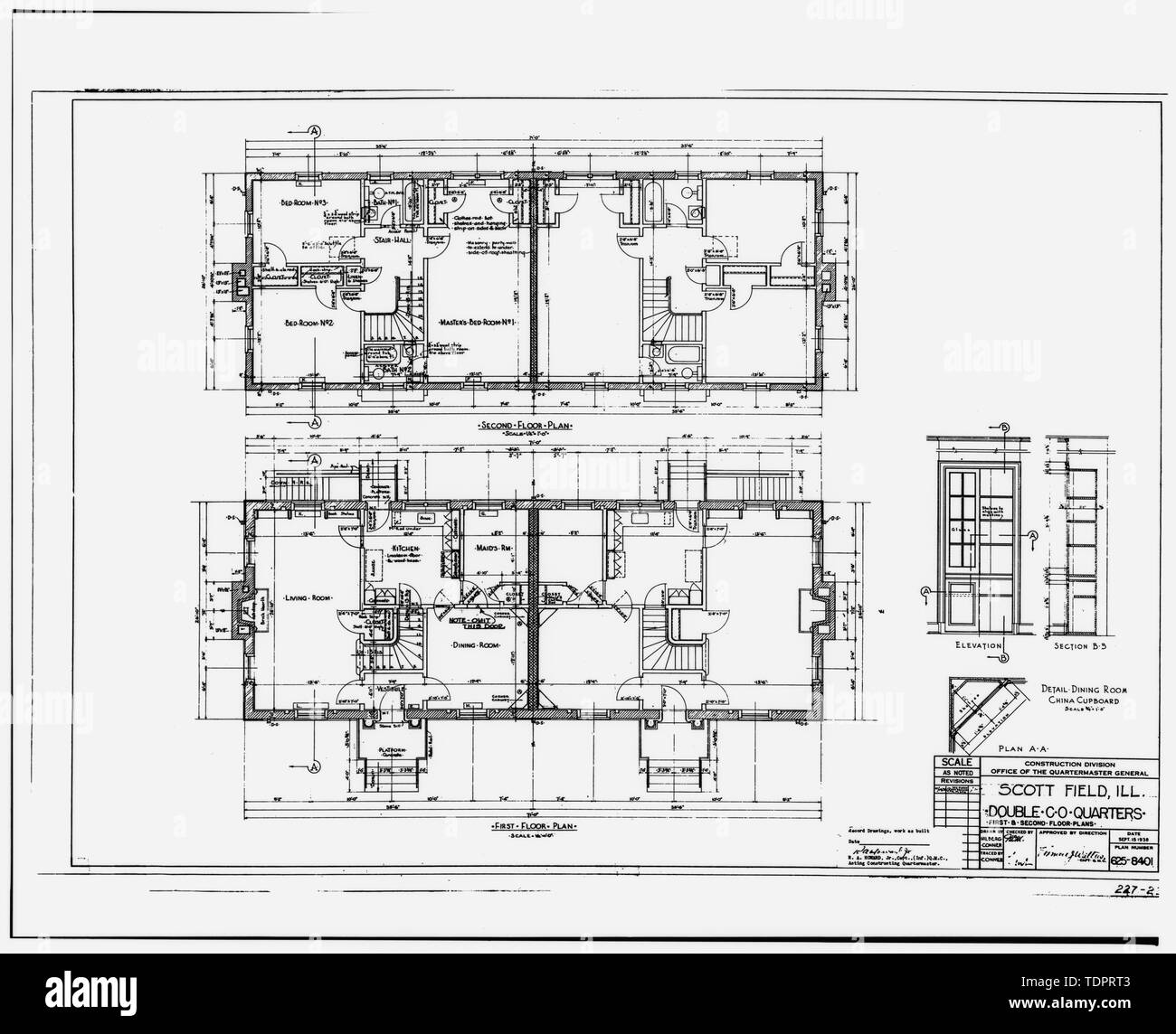 Copie photographique sépia de la construction originale dessin daté du 15 septembre 1938 (Original en sépia salle de plan de base Ingénieur Civil, Scott AFB) Première et deuxième étage plans - Scott Air Force Base, officier général trimestres, 229 rue Birchard, O'Fallon, Saint Clair Comté, IL Banque D'Images