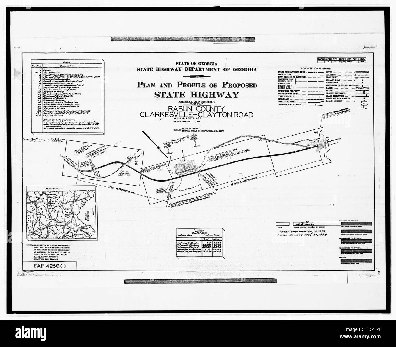 Plan et profil de la route proposée - Tallulah Falls Bridge, enjambant Tallulah Falls River sur la route 23-State Route 15, Tallulah Falls, Habersham Comté, GA Banque D'Images