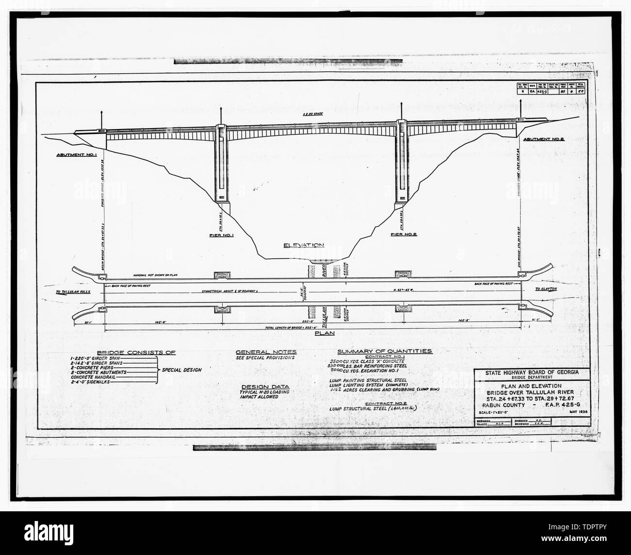Pont en plan et en élévation, sur la rivière de Tallulah Tallulah Falls - Bridge, enjambant Tallulah Falls River sur la route 23-State Route 15, Tallulah Falls, Habersham Comté, GA Banque D'Images