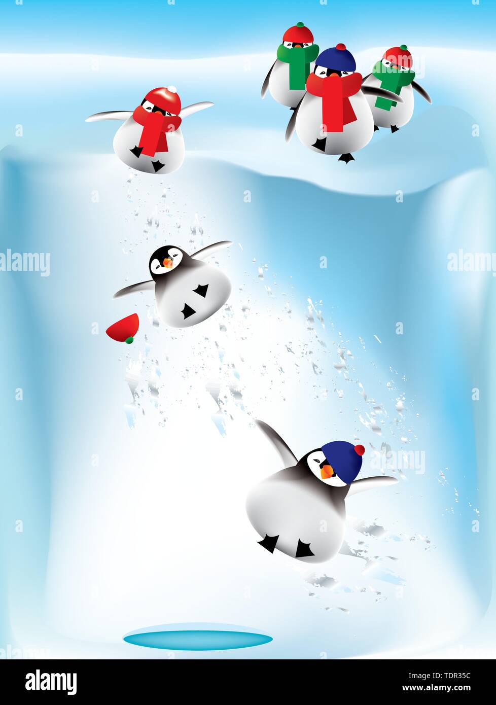 Pingouins bébé jouant sur la neige dans la montagne Illustration de Vecteur