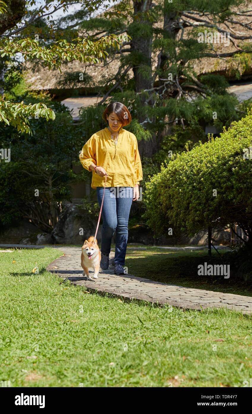 Femme japonaise et Shiba Inu chien à l'hôtel traditionnel Banque D'Images