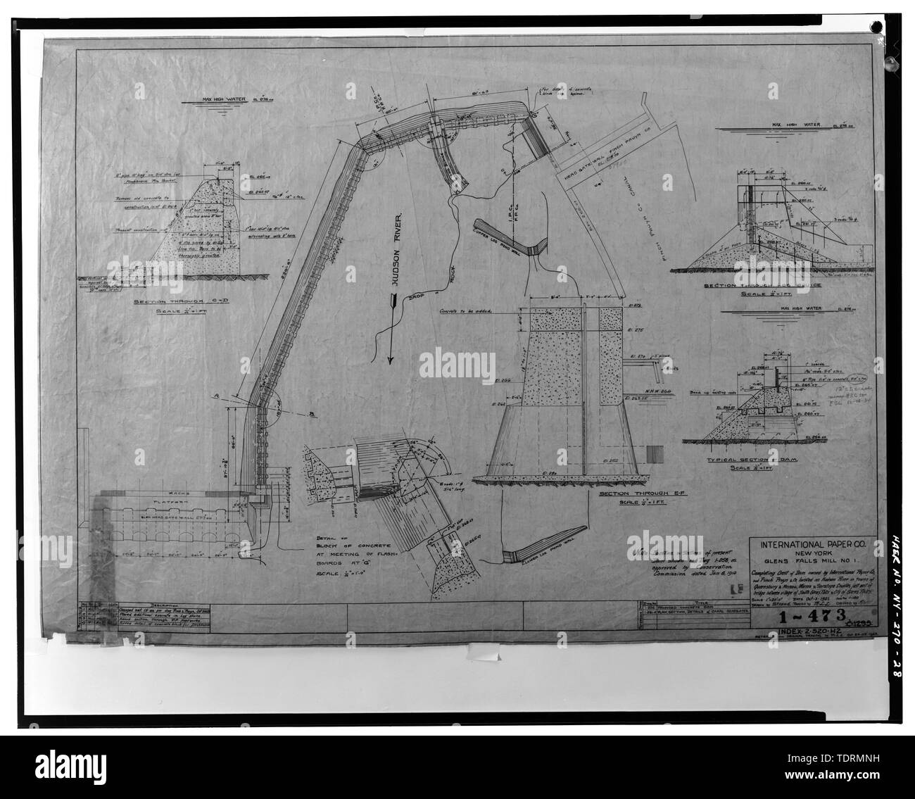 Copie photographique du dessin Encre sur lin (aux archives publiques de la Niagara Mohawk Power Corporation, 300 Eric Boulevard West, Syracuse, New York 13202), Strand, rapporteur pour avis, le 3 octobre 1923. Sheet 1-473, International Paper Company. L'achèvement du barrage de Crest. - Glens Falls Dam, 100' à 450' à l'ouest de U.S. Route 9 pont enjambant la rivière Hudson, Glens Falls, Warren County, NY Banque D'Images