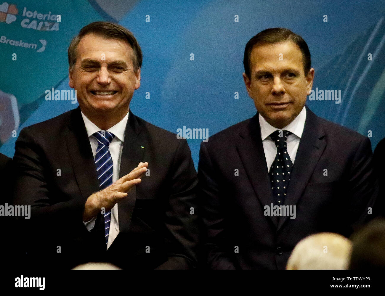 SÃO PAULO, SP - 19.06.2019 : BOLSONARO CERIMÔNIA PARTICIPA DE CPB - pas dans la photo, Bolsonaro Jaďr, et João Doria. Le Président de la République, Jaïr Bolsonaro Bolsonaro et son épouse Michele, viendront à la ville de São Paulo ce matin (19) pour participer à la cérémonie de signature de l'engagement entre CAIXA et le Comité Paralympique Brésilien« thazirazilian t Centre Cic Paralympiques Gouverneur João Doria et son wiia Doria a participé à l'événement. (Photo : à : Aloisio Mauricio/Fotoarena) Banque D'Images