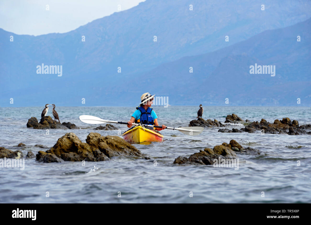 Kayak de mer près de côte rocheuse de l'île de Corse, France, Corse, Agriates, Saint-Florent Banque D'Images