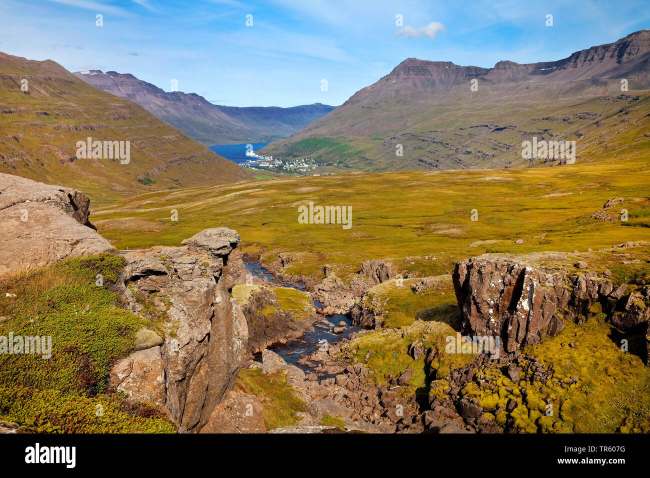 Voir d'Seydisfjoerdur, l'Islande, l'Est de l'Islande, Seydisfjoerdur Banque D'Images