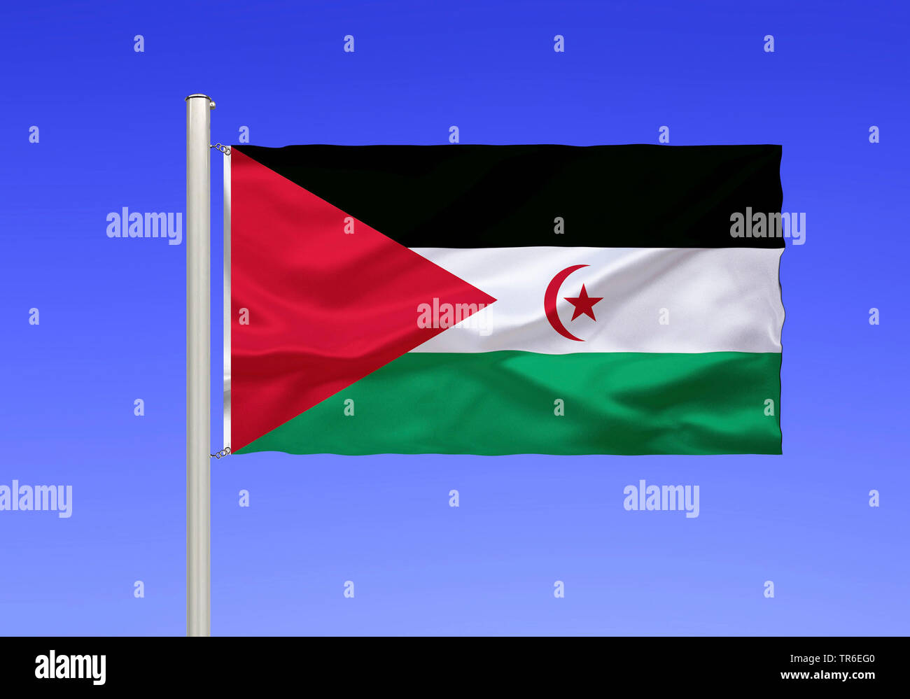 Drapeau du Sahara occidental contre le ciel bleu, au Sahara Occidental Banque D'Images