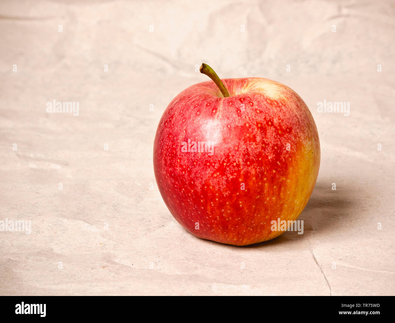 Apple (Malus domestica), pomme rouge sur papier fond grunged Banque D'Images