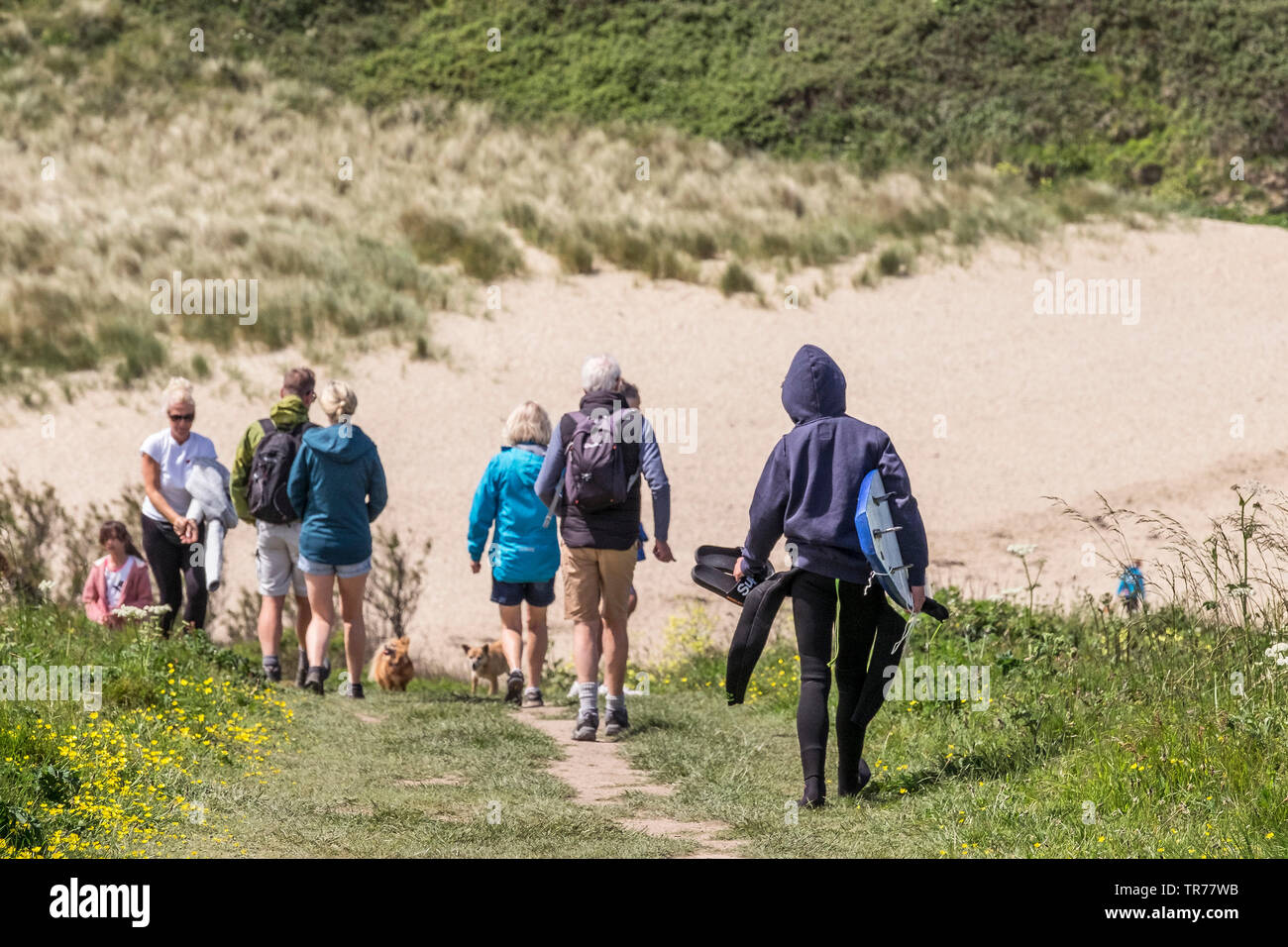 Les vacanciers en marchant sur le sentier menant à la plage de Porth Newquay en blague Polly à Cornwall Banque D'Images
