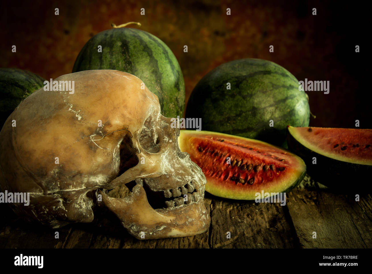 Nature morte au crâne et pastèque Banque D'Images