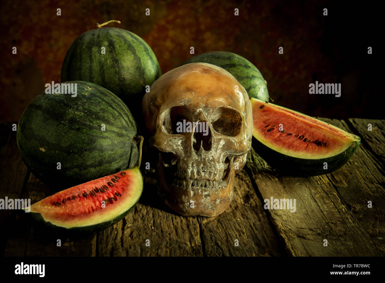 Nature morte au crâne et pastèque Banque D'Images