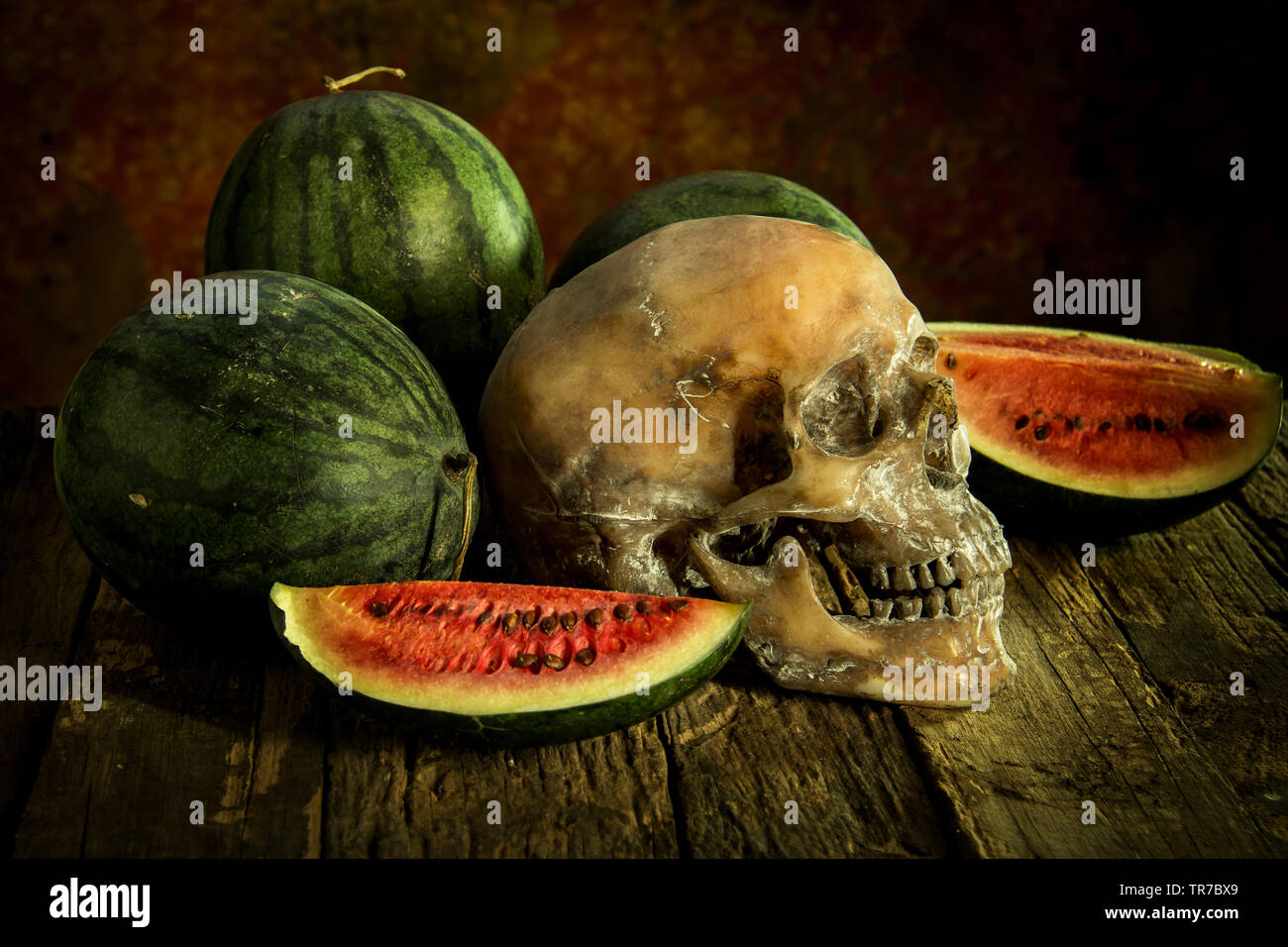 Nature morte au crâne et pastèque Banque D'Images