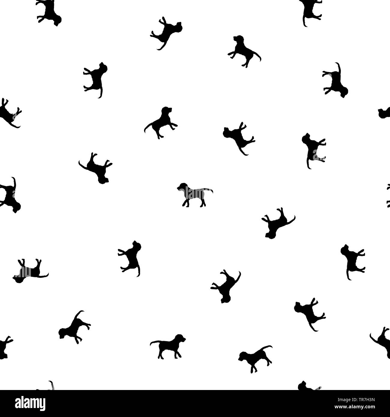 Motif transparent noir petites silhouettes chiens isolé sur fond blanc. Chiots mignons animaux appelée impression simple, style papier peint Motif enfant animaux Banque D'Images