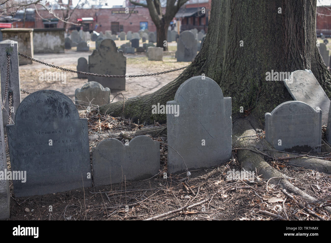 Grave yard où l'artisanat sorcières accusé était déposé dans la ville côtière historique de Salem au Massachusetts , USA Banque D'Images