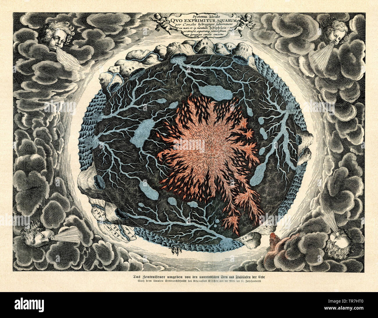 Le feu central entouré par les lacs et les rivières souterraines de la terre. Selon la section de la terre idéale d'Athanasius Kircher à partir du milieu du 17e siècle , Athanasius Kircher (, ) Banque D'Images