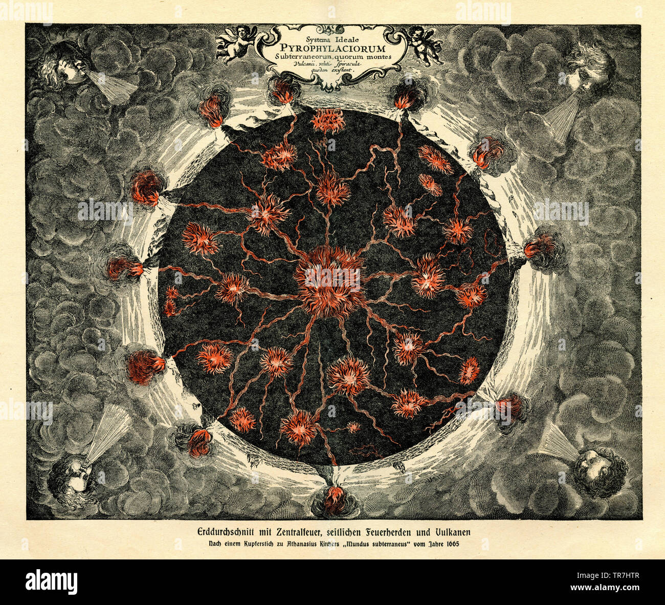 Section de la terre à feu central, cheminées latérales et les volcans. Après une gravure sur cuivre d'Athanasius Kircher 'Mundus' Micromys minutus de 1665 , Athanasius Kircher (livre de vulgarisation scientifique, 1902) Banque D'Images