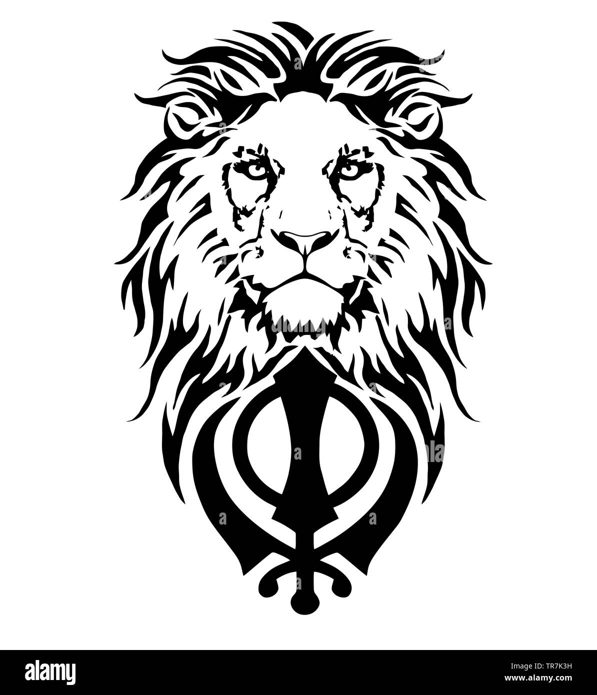 Khanda est le symbole le plus significatif du sikhisme, décorée d'un lion avec une longue crinière, sur un fond blanc, isolé, dessin de tatouage Banque D'Images