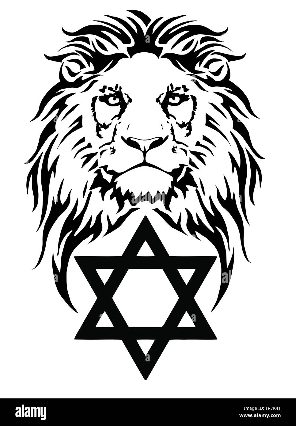 Lion et le symbole du judaïsme, dessin de tatouage, sur un fond blanc Banque D'Images