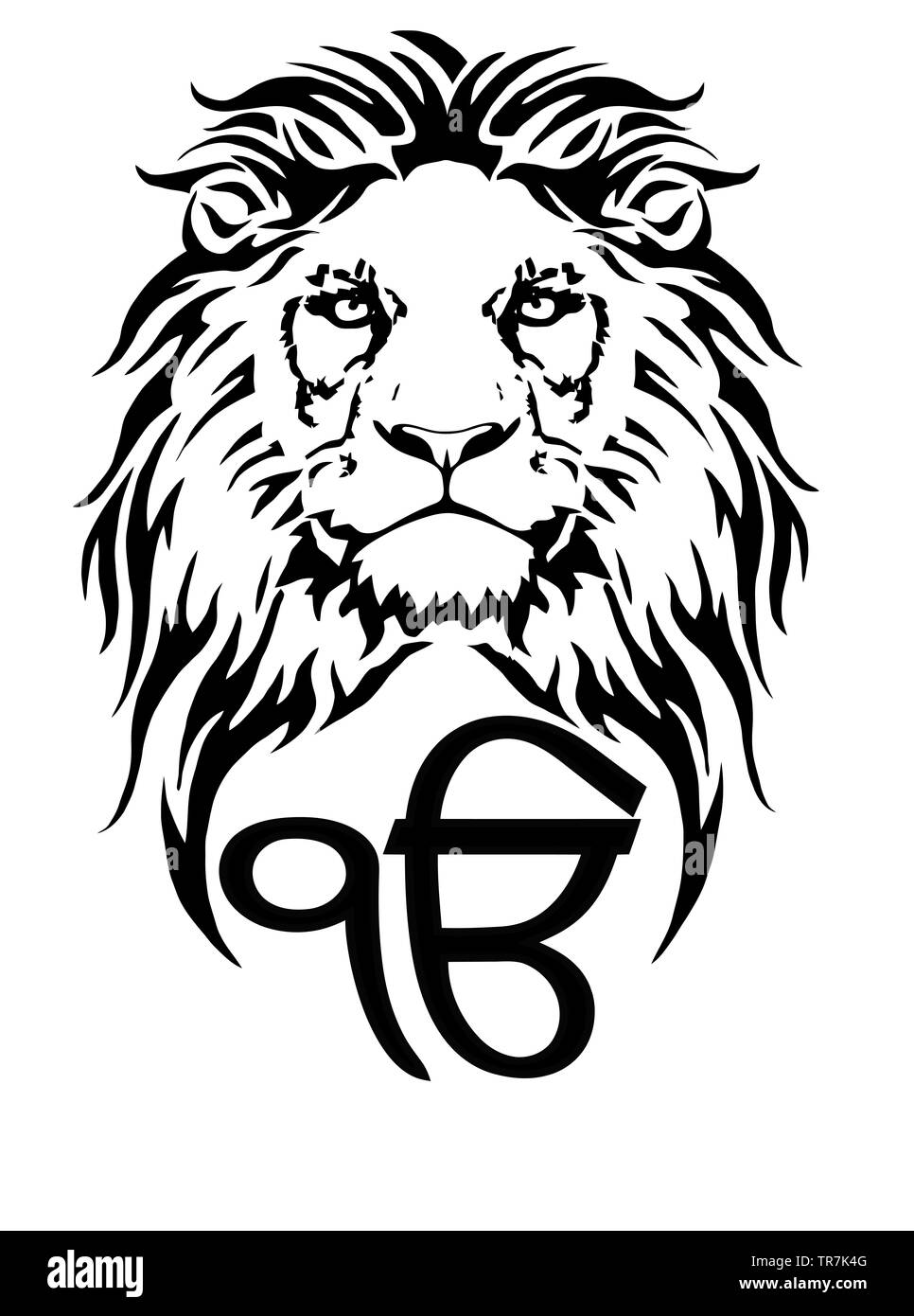 Inscrivez-Ek Onkar est le symbole le plus significatif du sikhisme, décorée d'un lion avec une longue crinière, sur un fond blanc, isolé, dessin de tatouage Banque D'Images
