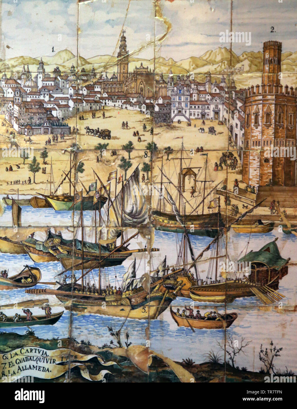 L'activité commerciale dans le port de Séville. 17e siècle. Panneau en céramique. Maison de Salinas. Sevilla. L'Andalousie. L'Espagne. Banque D'Images