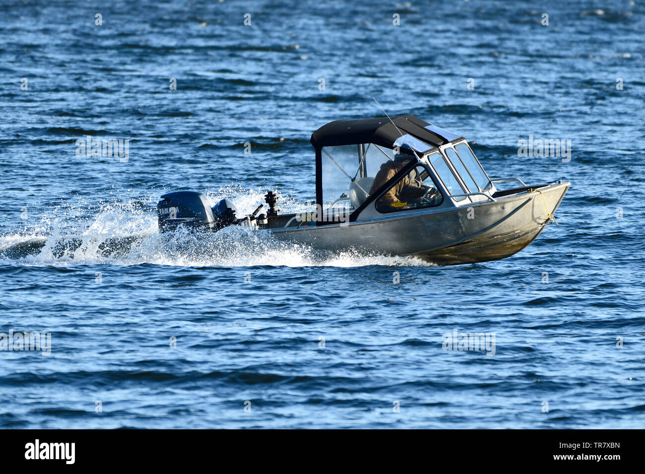 Un bateau propulsé par un moteur hors-bord le long de l'accélération sur les eaux bleues du détroit de Georgia près de l'île de Vancouver en Colombie-Britannique. Banque D'Images