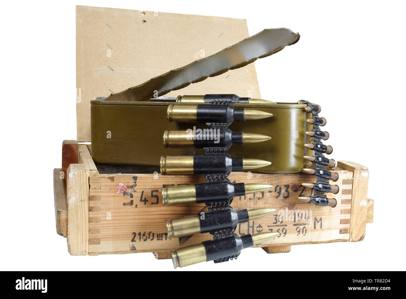 Boîte de munitions de l'armée soviétique. Texte en russe - type de munition ('5,45 - 5,45 mm PPSG' cartouches pour fusil d'assaut AK74), le numéro de lot et la production Banque D'Images