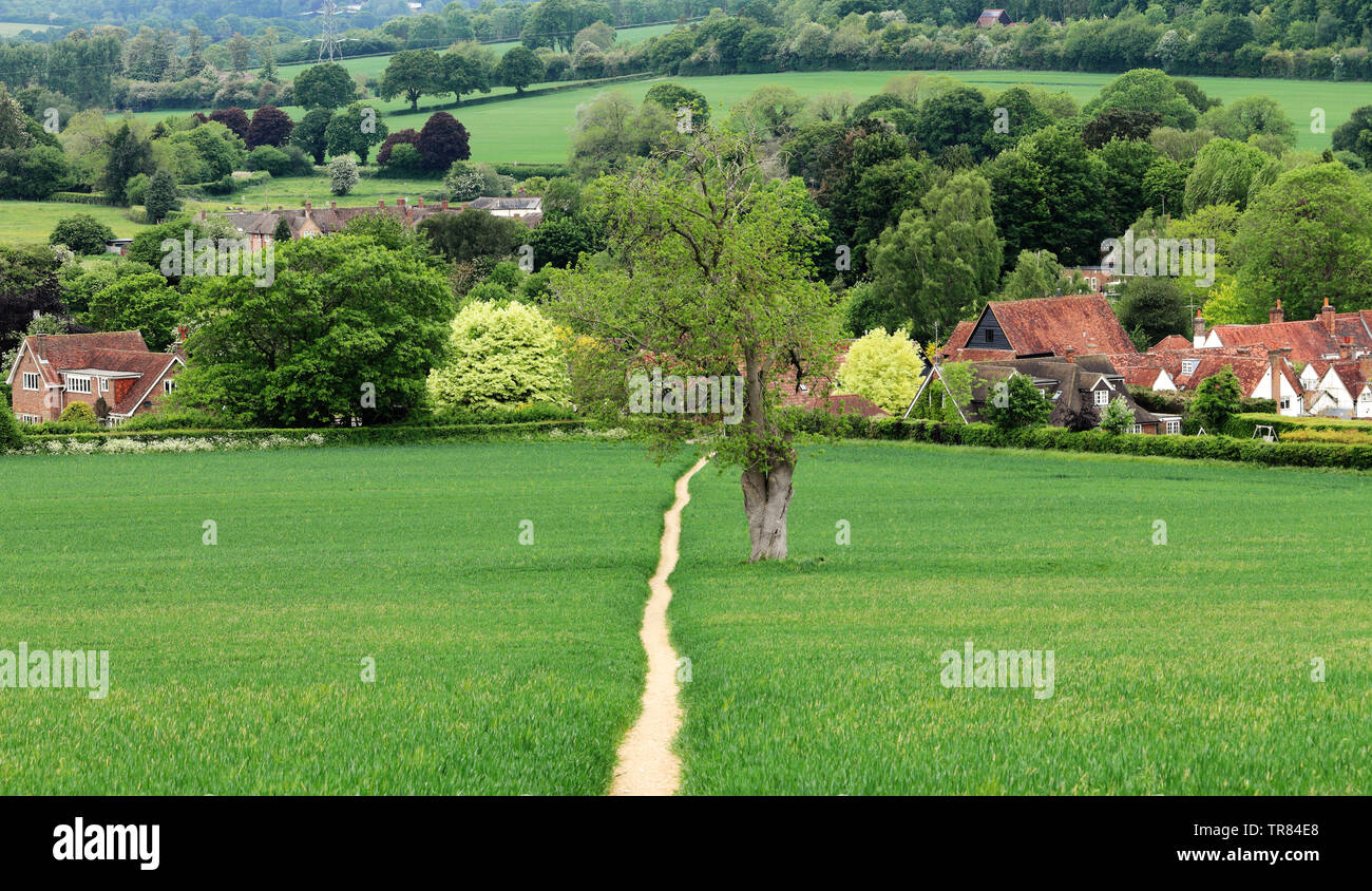 Un paysage rural avec la voie à travers un champ dans le Chiltern Hills qui mène au village de Little Missenden Banque D'Images