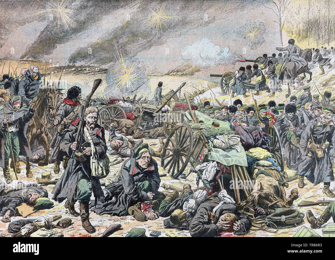 Février-mars 1905 LA BATAILLE DE MOUKDEN. Un magazine italien illustratio9n montrant les russes en retraite vers le nord de la Mandchourie Banque D'Images