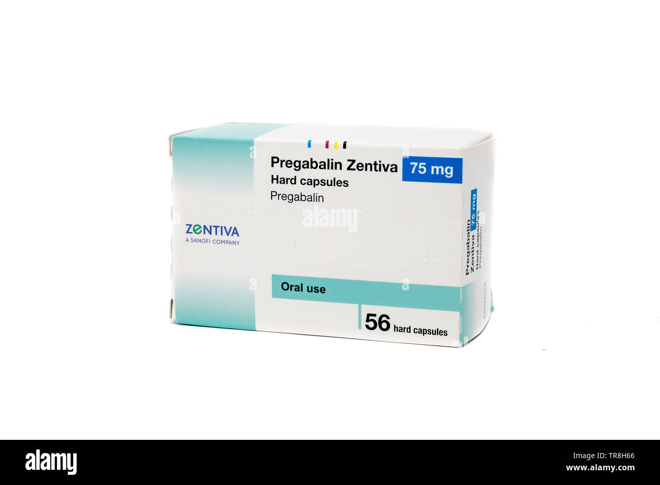 Sachet de la prégabaline gélules, couramment utilisé pour traiter l'épilepsie, l'anxiété et la douleur de nerf. Produit par la compagnie pharmaceutique Zentiva. Banque D'Images