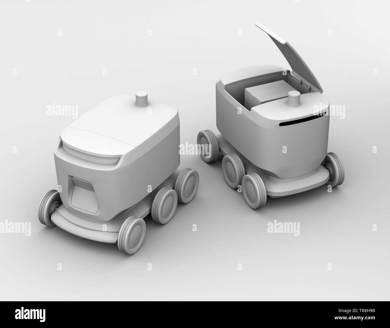 Le rendu d'argile de l'auto-conduite robots livraison. L'ouverture du couvercle pour le ramassage de colis. Le rendu 3D image. Banque D'Images