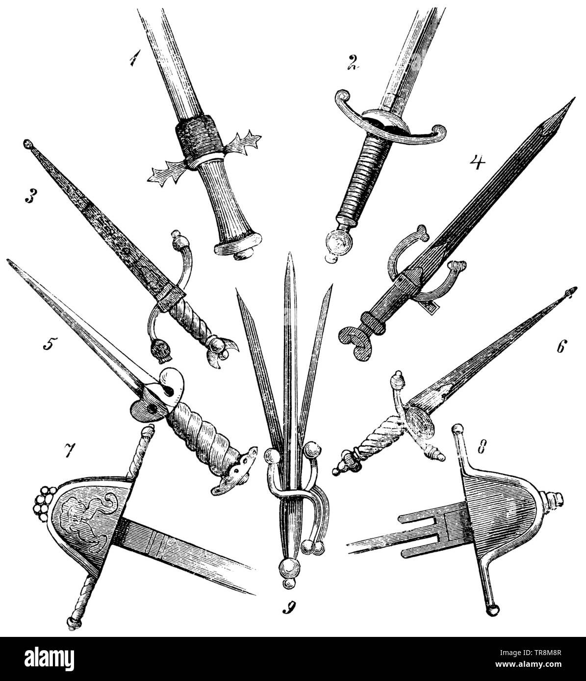 Poignards à partir du 15ème, 16ème et 17ème siècles. 1. Dague Allemande, 2. Dague italienne, 3., 4., 5., Maingauches (poignard à utiliser avec la main gauche), 6. Poignard français, 7., 8. L'Espagnol de poignards, 9. Printemps, dague allemande , (encyclopédie, 1893) Banque D'Images