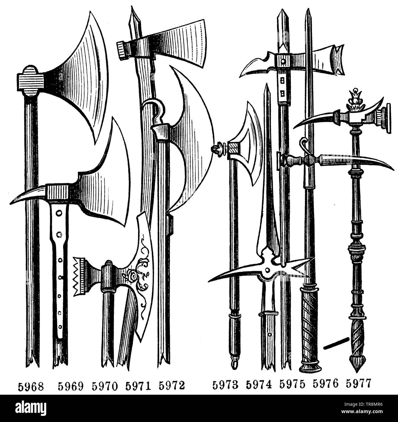 Axes doctrinaux : 5968 de la 11e siècle. 5969, 14e siècle allemand.5970, vénitien du xvie siècle. Suisse 5971, 16e siècle. 5972 l'anglais. 5973 Circonscription ax, 16ème siècle. N° 5974-5977 : marteaux de l'Armée Suisse 5974, 15e siècle. Marteau de Lucerne 5975, 14e siècle, d'un marteau 5976 chef hussite, 15e siècle. 5977 Equestrian marteau, 16ème siècle., , (encyclopédie, 1893) Banque D'Images