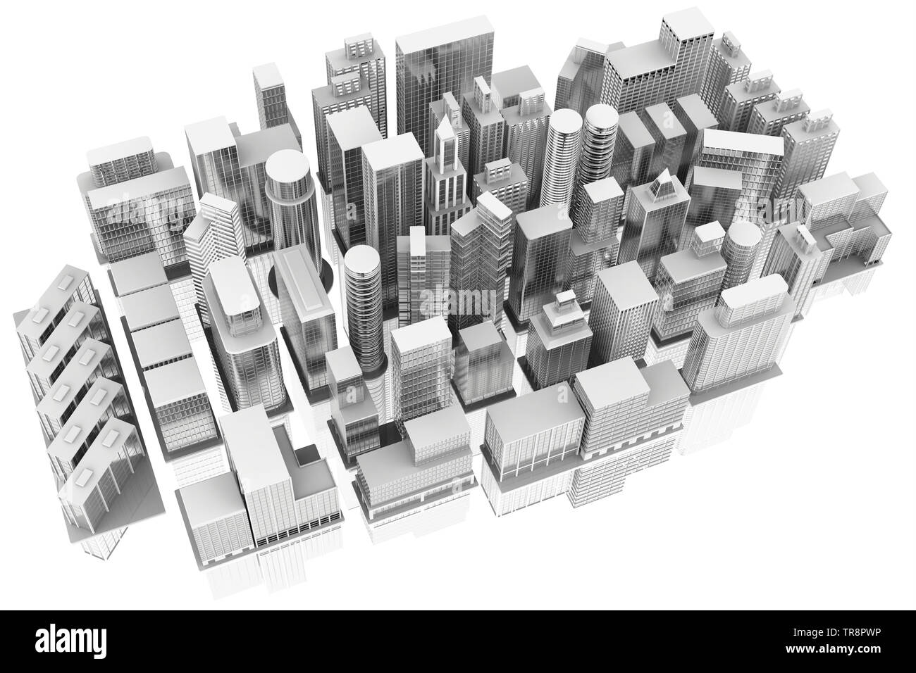 3D illustration. Maisons de ville et de gratte-ciel sur fond blanc avec la réflexion. Banque D'Images