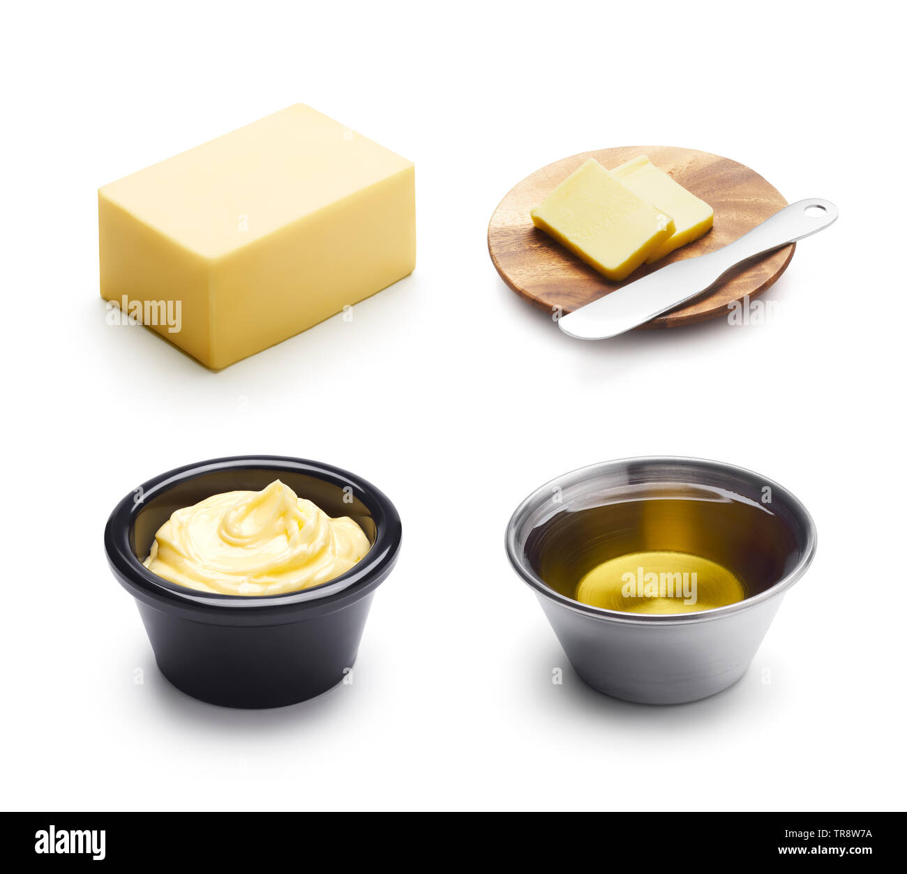 Beurre, margarine et huile isolé sur fond blanc Banque D'Images