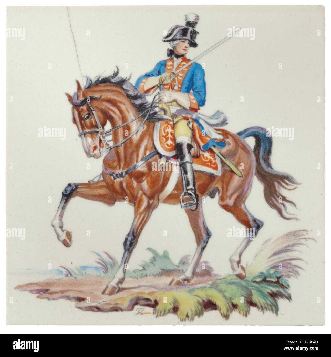 Une tuile - Dragoner Élections un carrelage de porcelaine blanche avec une couleur d'un agent après le modèle Dragoner '97' Allach figure en porcelaine, conçu par le professeur Kärner, avec son monogramme "savoirs traditionnels". 'Meissen / Fabriqué en Allemagne / 134.S' sur le fond. Dimensions environ 15 x 15 cm. Très rare. Cf. Porell Allach, Porcelaine, volume 2, p. 274 avec une illustration de cinq tuiles correspondant à monté les chiffres. En 1942, cinq tuiles uniques ont été faites à la commission d'Hitler comme des cadeaux de Noël pour SS-Obergruppenführer Bouhler. En 1944, Himmler ordonna une petite série de 50 pièces, qui ont été exposées, pour Editorial-Use-seulement Banque D'Images