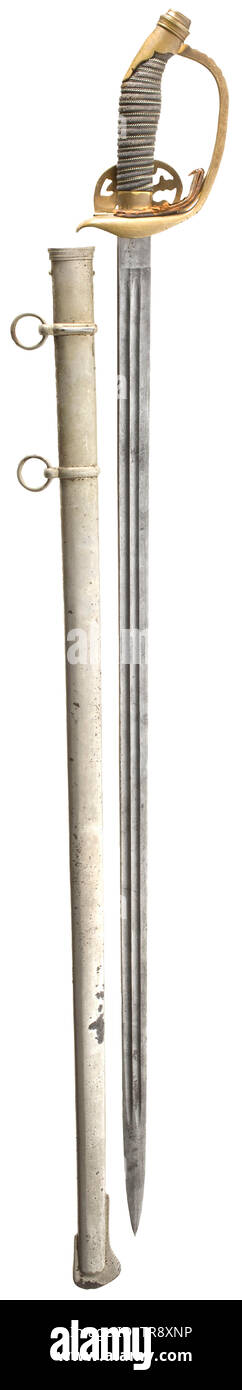 Une petite épée en acier Damas M 1889 pour les officiers d'infanterie de lame de couteau en acier Damas sauvage avec double fuller des deux côtés, le ricasso avec bouilloire's stamp 'Otto Mertens Solingen'. Garde de laiton doré (frotté avec shell (avec le monogramme du souverain WR 'II'), ray peau poignée avec fil triple pack et appliquée cypher couronné 'WR II', avec boucles en cuir et feutre rouge bouchon. En tôle d'acier pour le fourreau, deux anneaux de transport mobiles. Des signes d'usure et l'âge. Longueur 98 cm., historique, historique, la Prusse prussien, Additional-Rights Clearance-Info-ger,-Not-Available Banque D'Images