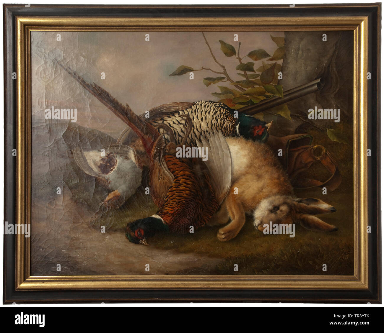 Le thème de la chasse une vie encore Huile sur toile, signée et datée  'actions Marie c. Valenzi 1877' en bas à droite. Fusil de chasse à double  branche, sac de chasse