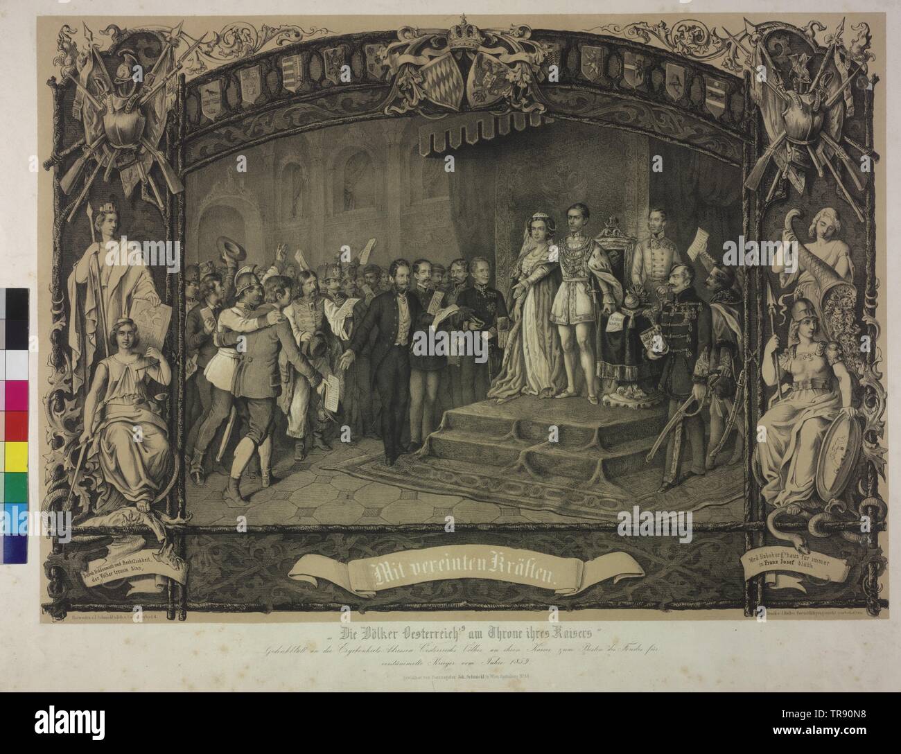 La population de l'Autriche au trône de leur Empereur 1859, François-Joseph et Elisabeth prenant sous un auvent les adresses fidèles de leur peuple, en faveur des invalides de l'année 1859 Additional-Rights Clearance-Info,--Not-Available Banque D'Images