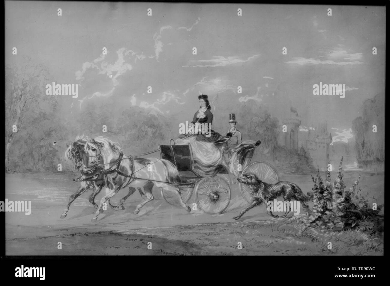 Elisabeth, impératrice d'Autriche, dans le parc d'un chariot Laxenburg, mastermind derrière elle d'un des petits, à côté de la voiture d'un chien en rotation, la peinture (1860e années ?), Additional-Rights Clearance-Info ,--Not-Available Banque D'Images